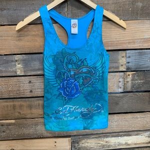 ED HARDY CHRISTIAN AUDIGIER tank top size Kids XL womens XS heart rose tee